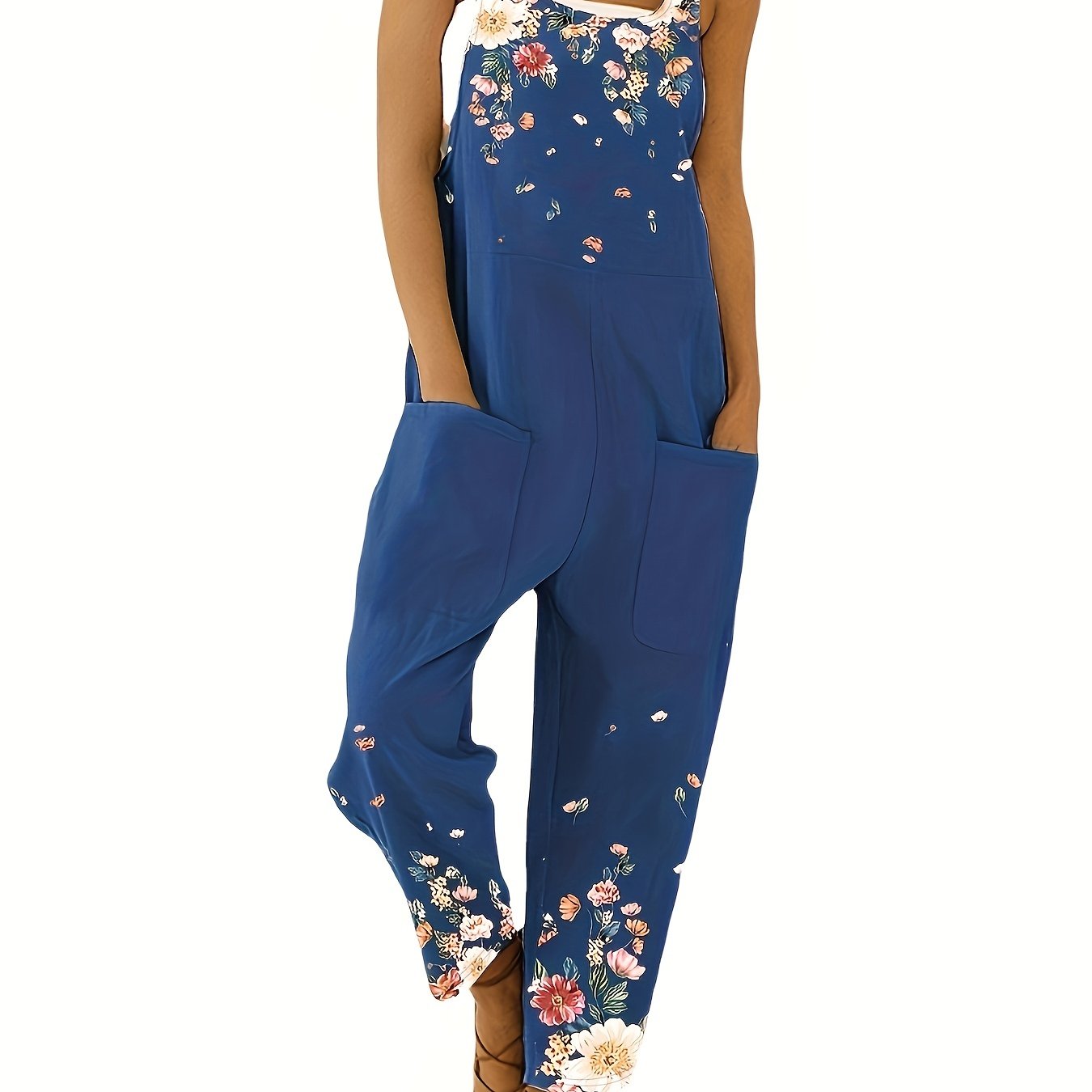 Floral Print Dual Pockets Overall Jumpsuit Casual Wide Leg Jumpsuit