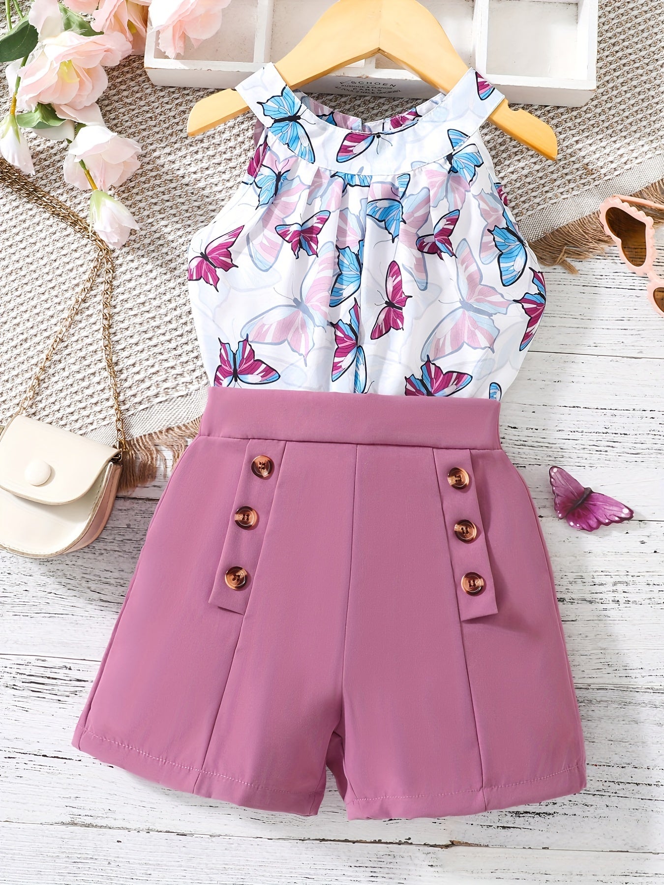 Girls' Leopard Halter Top & Button Shorts Set for Party Beach Vacation
