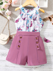 Girls' Leopard Halter Top & Button Shorts Set for Party Beach Vacation
