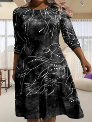 Women's Plus Tie Dye & Stripe Print Long Sleeve Round Neck Pleated Dress