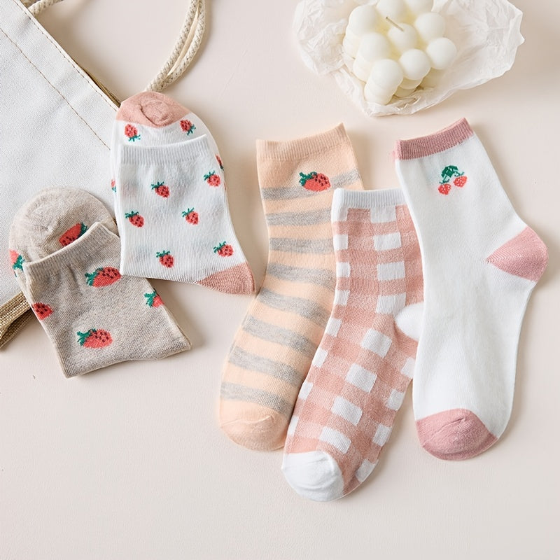 5 Pairs Strawberry Print Socks Women's Mid Tube Stockings