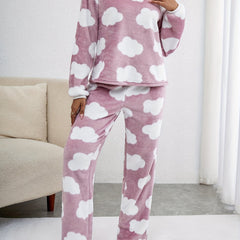 Cloud Print Fuzzy Pajama Set Long Sleeve Crew Neck Top & Pants