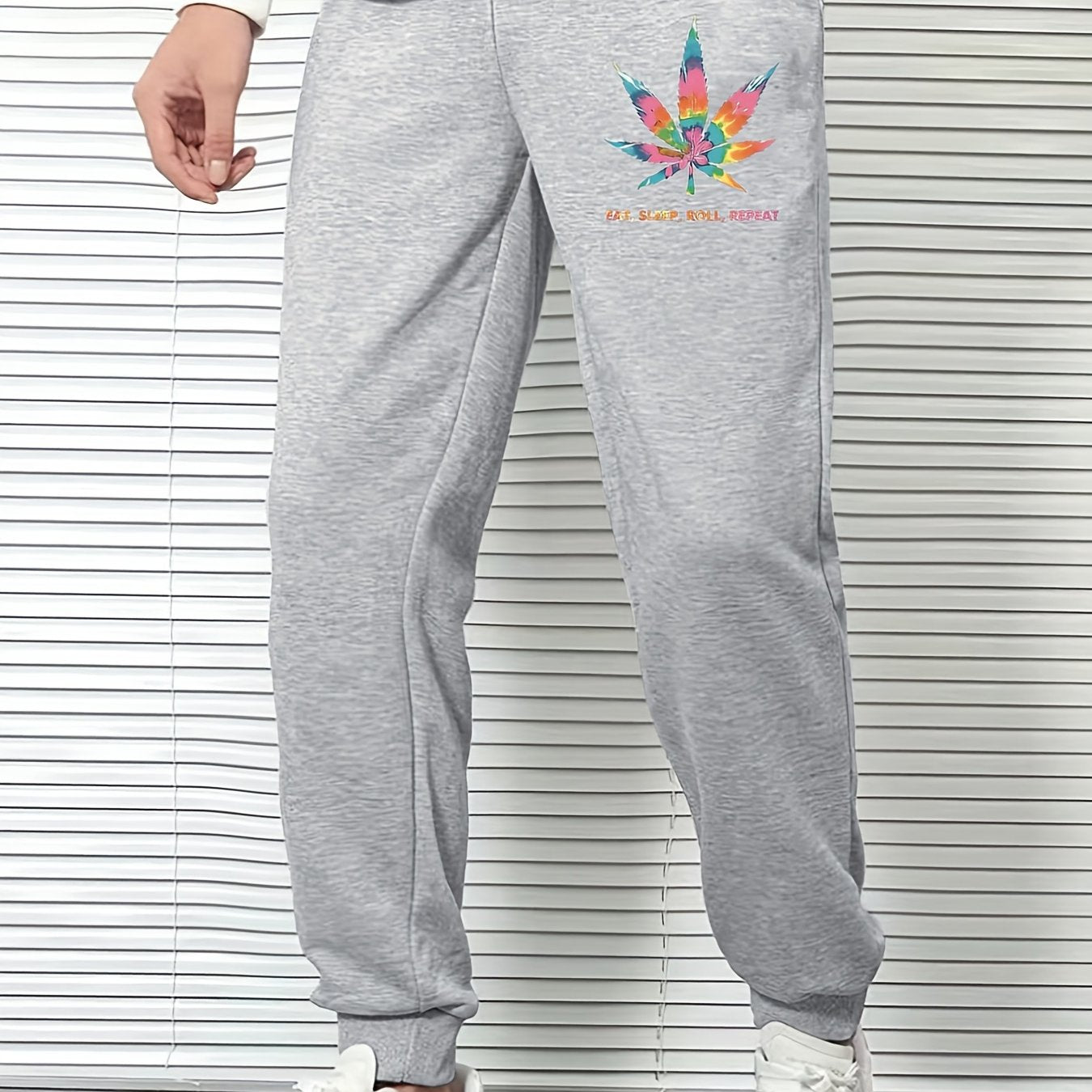 Men's Leaf Print Sports Pants Drawstring Jogging Trousers
