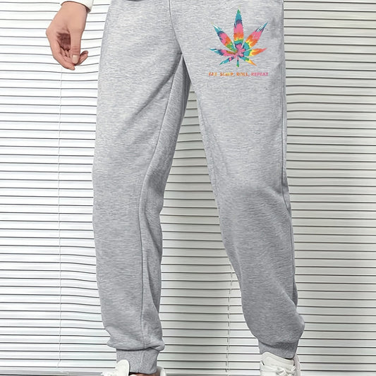 Men's Leaf Print Sports Pants Drawstring Jogging Trousers