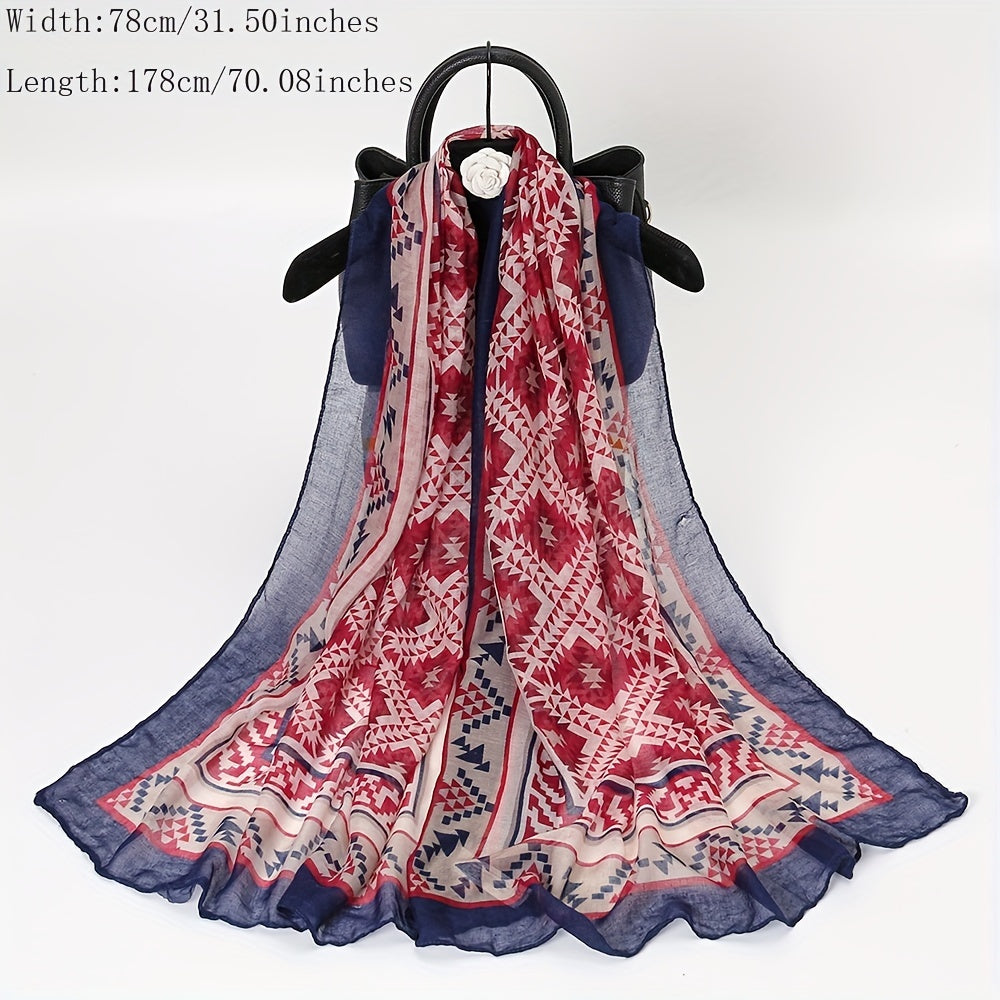 Red Geometric Print Voile Scarf Vintage Thin Classic Windproof Wraps