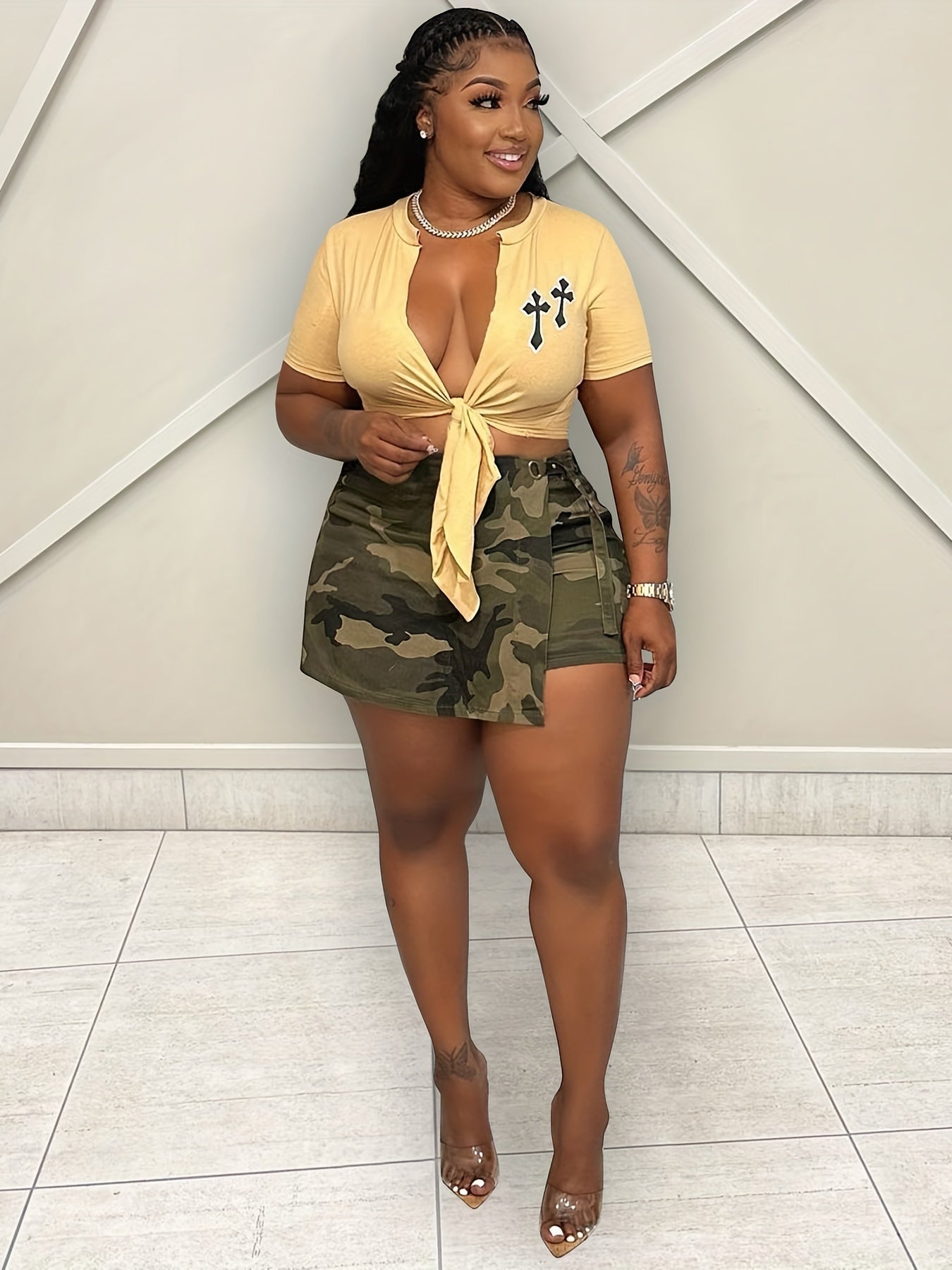 Camo Print Asymmetrical Tie Side Skort Women's Clothing