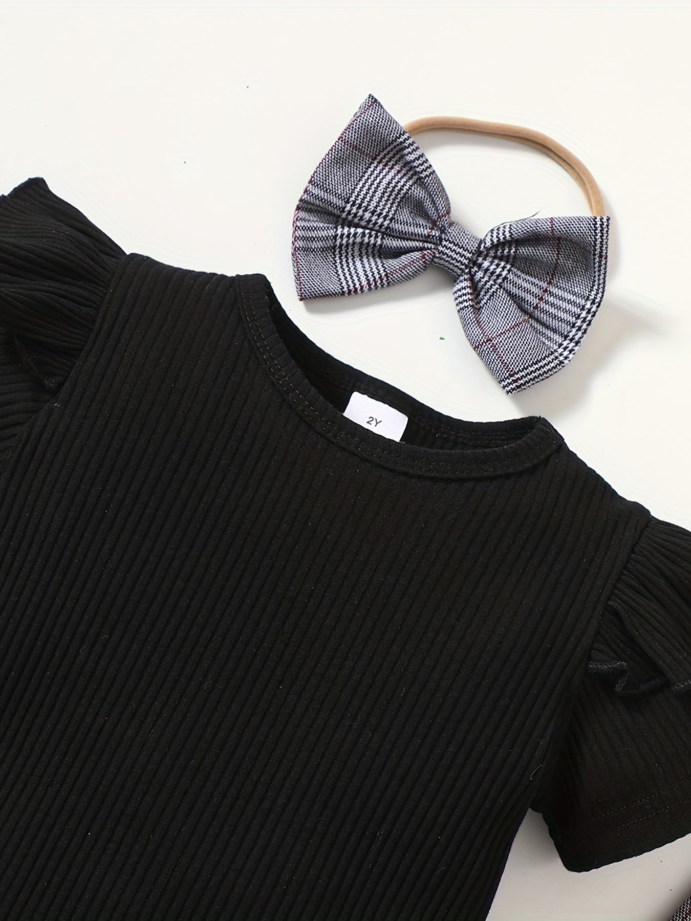 Toddler Girls Ribbed Knit T-shirt Top & Plaid Suspender Skirt
