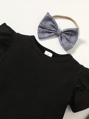 Toddler Girls Ribbed Knit T-shirt Top & Plaid Suspender Skirt