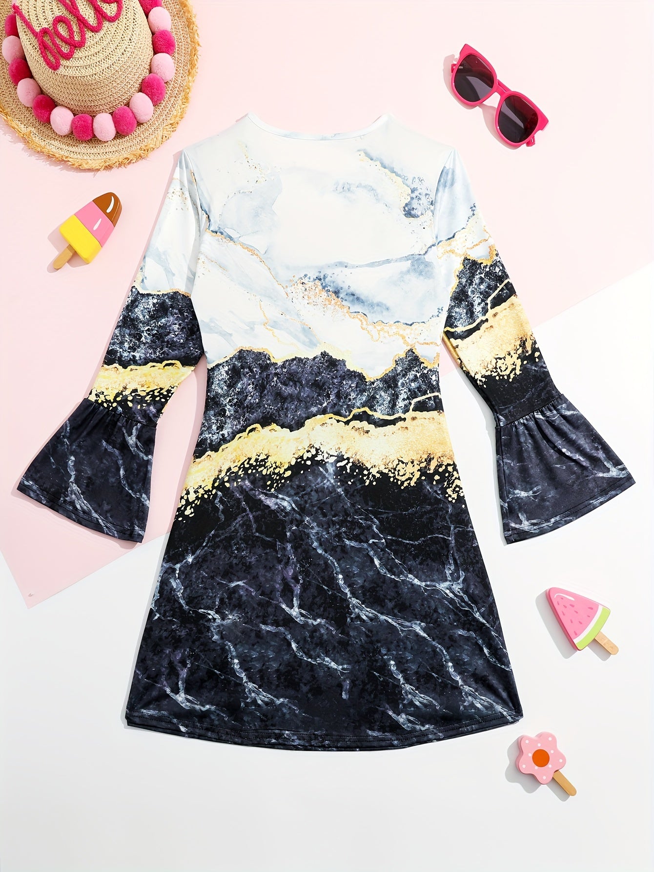Girls Kitty Graphic Flare Long Sleeve Dress Cartoon Animal Print Dress