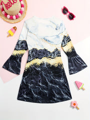 Girls Kitty Graphic Flare Long Sleeve Dress Cartoon Animal Print Dress