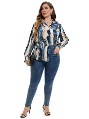 Marble Print Plus Size Shirt Women's Turn Down Collar Long Sleeve Blouse