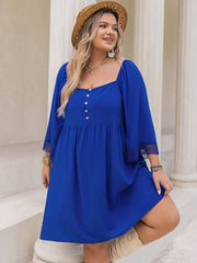 Solid Long Sleeve Square Neck Button Tie Back Dress