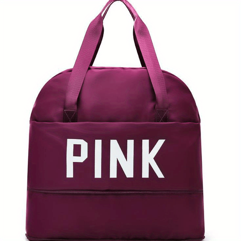 Pink Letter Print Portable Handbag Expandable Zip Gym Bag