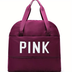 Pink Letter Print Portable Handbag Expandable Zip Gym Bag