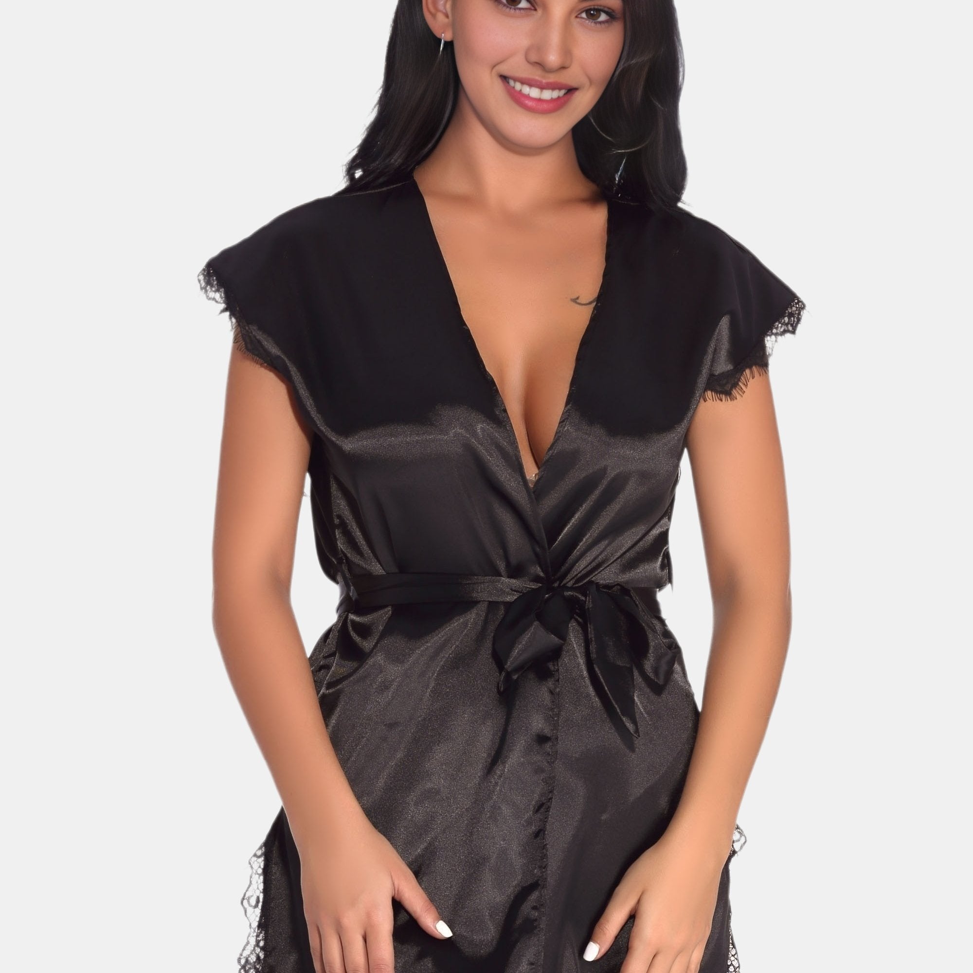 Lace Trim Night Robe V Neck Side Split Robe Women's Sleepwear