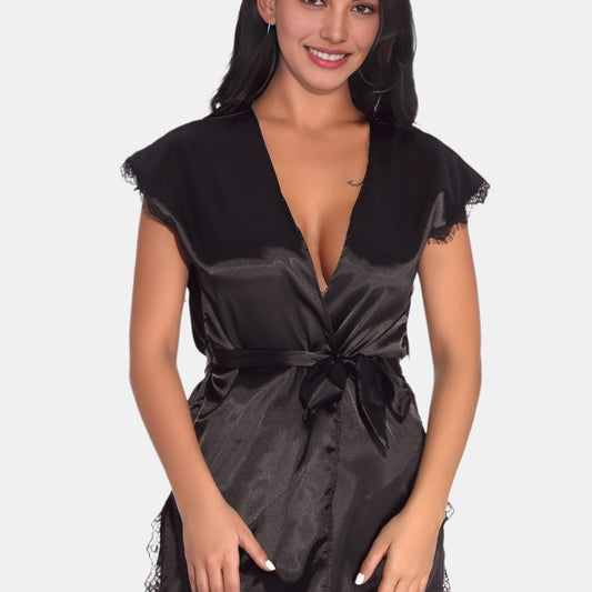 Lace Trim Night Robe V Neck Side Split Robe Women's Sleepwear
