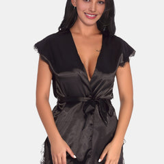 Lace Trim Night Robe V Neck Side Split Robe Women's Sleepwear