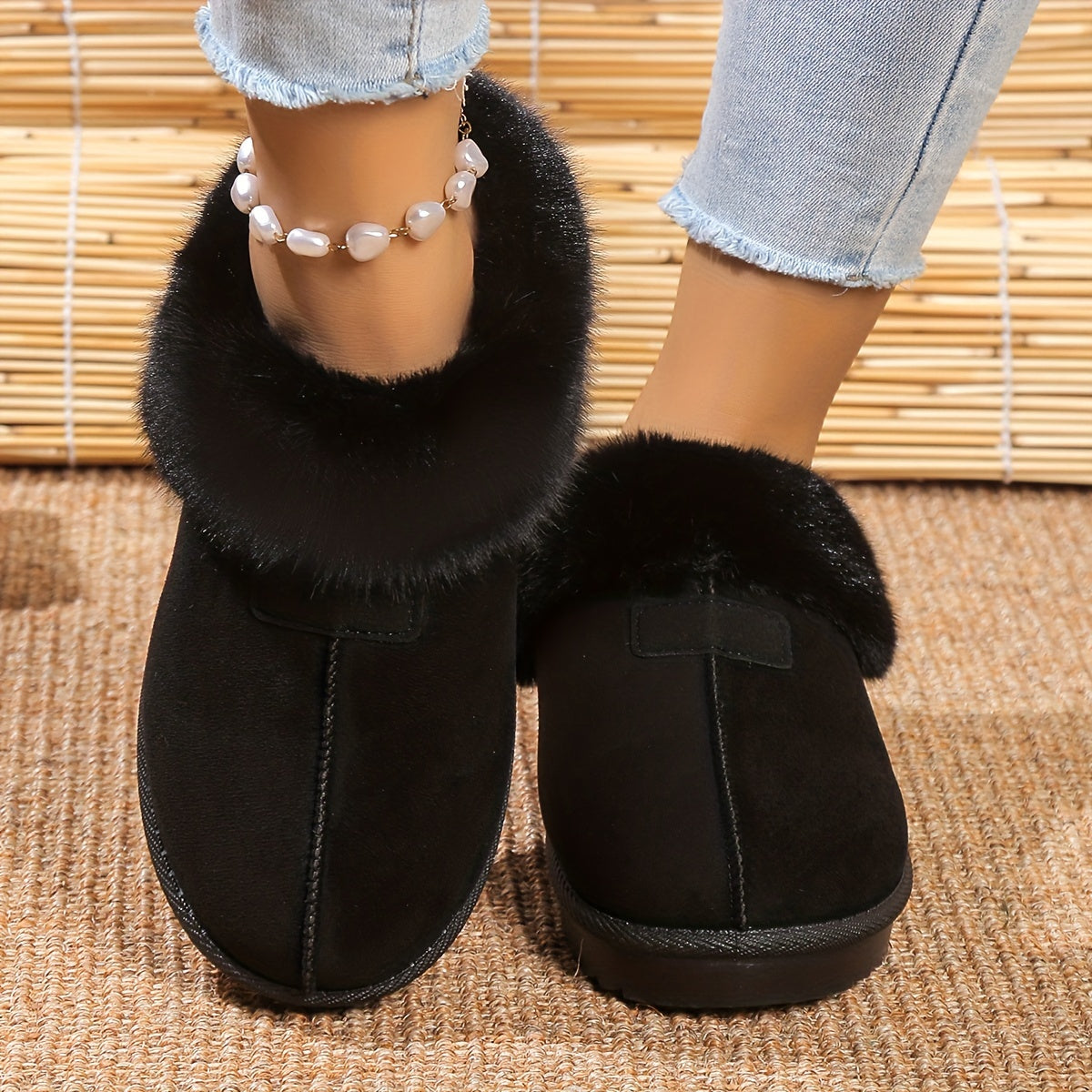 Women's Fuzzy Trim Snow Boots Slip on Comfortable Slippers