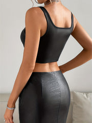 Solid Zipper Faux Leather Crop Top for Women