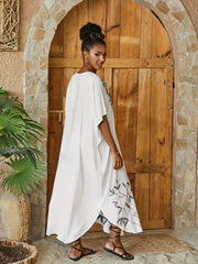 Plant Embroidered Cover Up Dress V Neck Loose Fit Short Sleeves