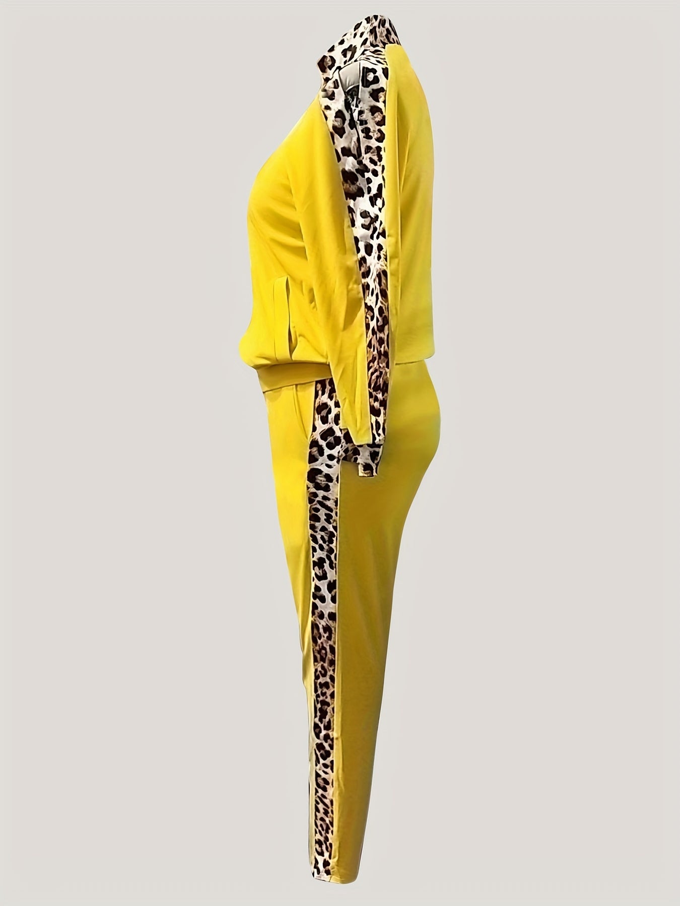 Colorblock Leopard Print Shoulder Top & Split Pants Outfit