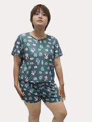 Cactus Print Plus Size Pajama Set - Short Sleeve Top & Shorts