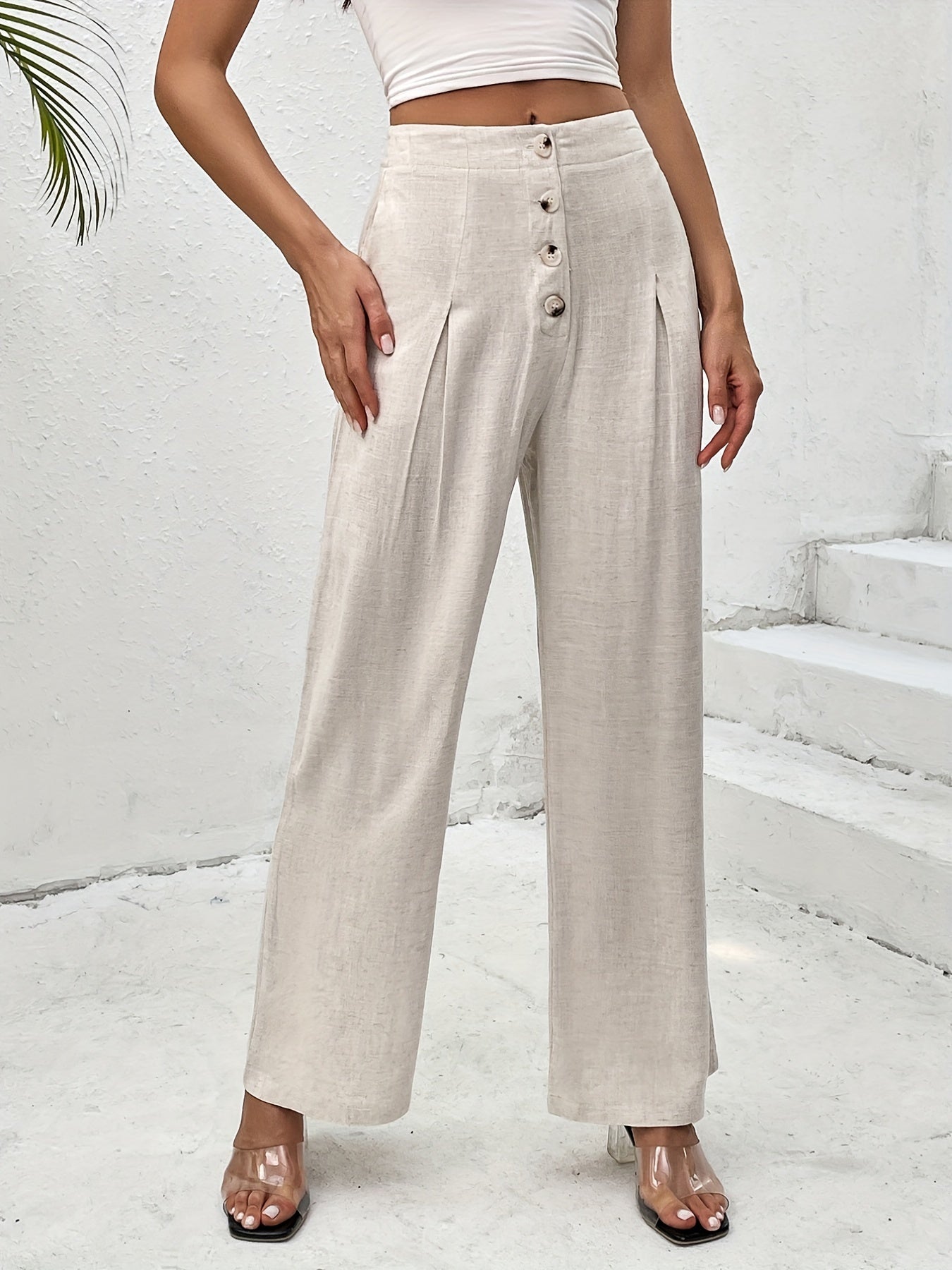 Solid Wide Leg Pants Casual Pocket Pleated Pants Women's Clothing
