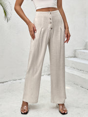 Solid Wide Leg Pants Casual Pocket Pleated Pants Women's Clothing