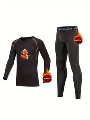 2pcs Kids Compression Fleece Sets Dragon Long Sleeve Shirt & Pants