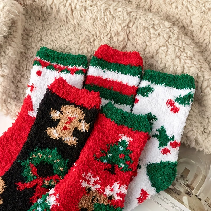 5 Pairs Cartoon Christmas Socks Women's Mid Tube Stockings Warm & Fuzzy