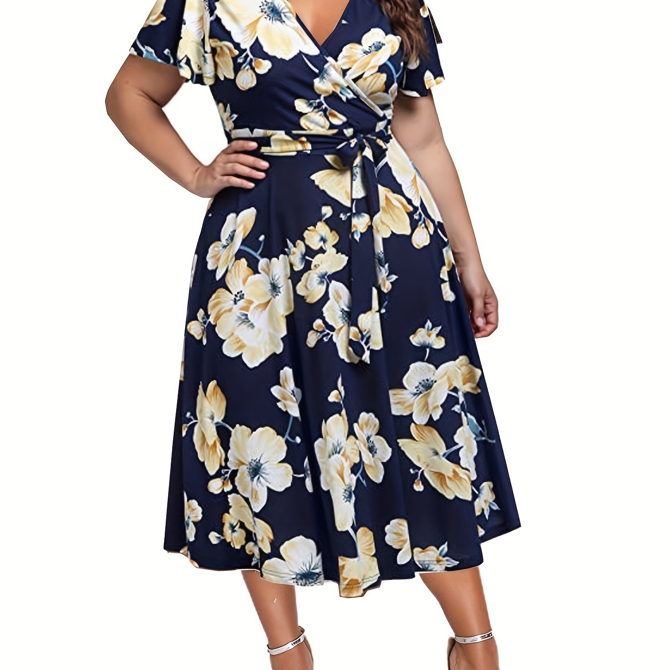 Floral Print Short Sleeve Midi Dress With Belt