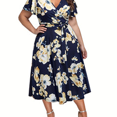 Floral Print Short Sleeve Midi Dress With Belt