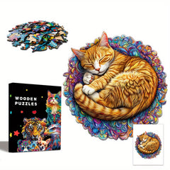 Colorful Dreaming Cat Wooden Puzzle Animal Shaped Jigsaw Brain Exercise