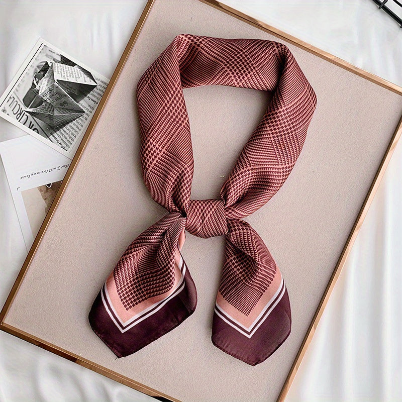 Houndstooth Print Square Scarf Vintage Silk Shawl Women Head Wrap Satin Bandana