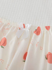 Peach Print Pajama Set Short Sleeve Buttons Top & Elastic Waistband Pants