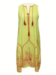 Women's Plus Floral Print Notched Neck Tassel Tank Dress