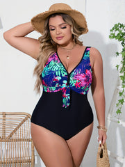 Colorblock Tropical Print V Neck Knot One Piece Swimsuit