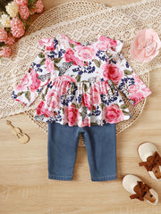 2pcs Baby Girls Forest Animal Print Top Ripped Patched Jeans Set