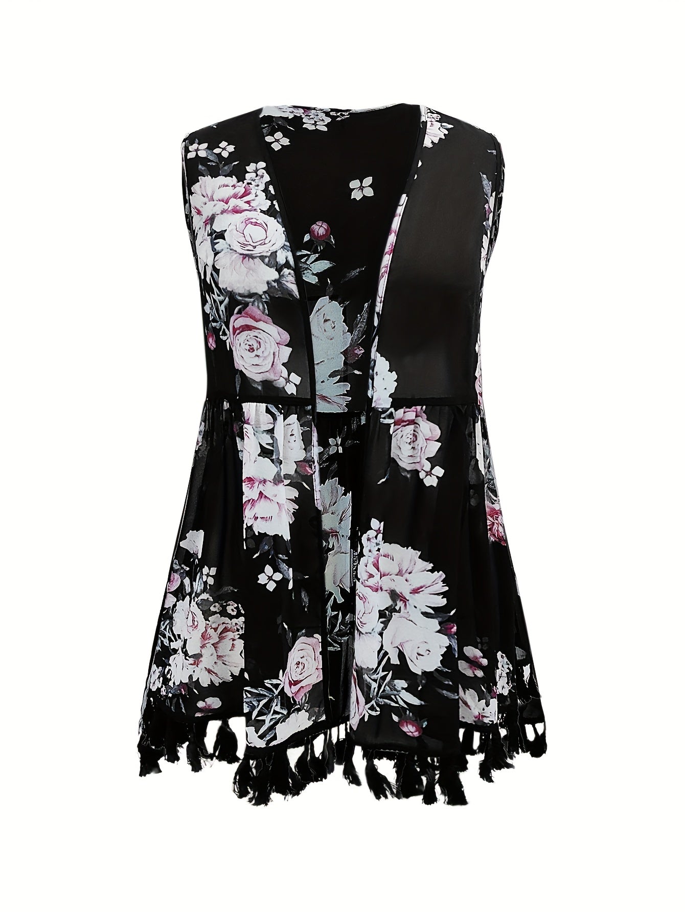 Boho Cover Up Women's Plus Floral Print Tassel Trim Cover Up
