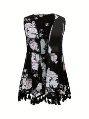 Boho Cover Up Women's Plus Floral Print Tassel Trim Cover Up