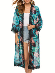 Tropical Floral Leaf Print Chiffon Cover Up 3/4 Sleeves Sun Protection Beach Cov