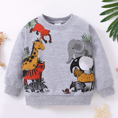 Cartoon Animals Print Boys Pullover Sweatshirt Long Sleeve Crew Neck Tops