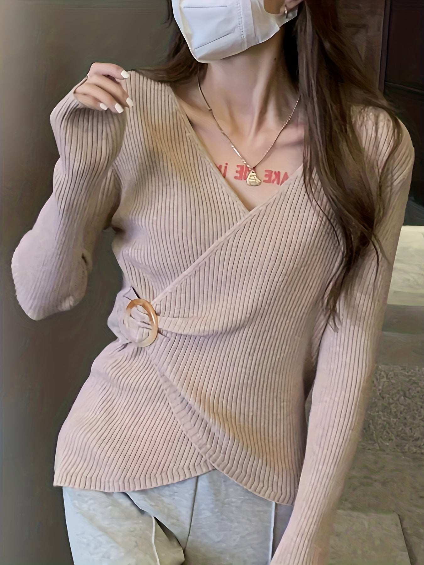 Solid Knit Sweater Casual Surplice Neck Long Sleeve Sweater Women's Clothing