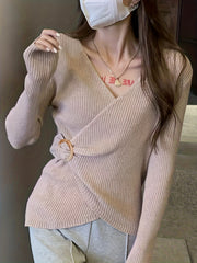 Solid Knit Sweater Casual Surplice Neck Long Sleeve Sweater Women's Clothing
