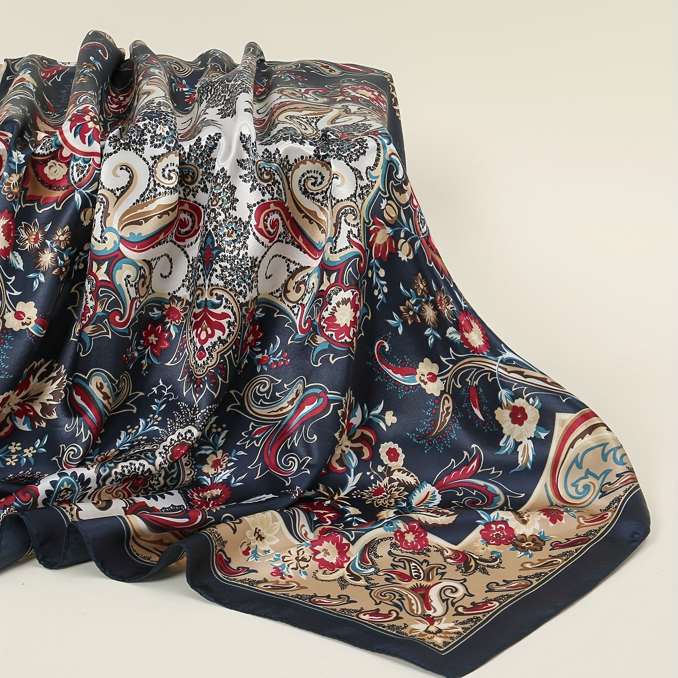 Boho Paisley Print Bandana Vintage Flower Pattern Satin Shawl Silk Square Scarf