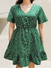Ditsy Print Button Decor V Neck Mini Dress