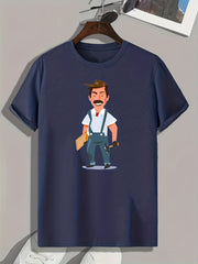 Cartoon Repairman Pattern Print Men's Comfy Sports T-shirt