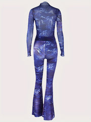 2pcs Bodycon Mesh Sports Set Long Sleeve Top & Flared Pants Women's Athleisure
