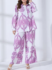 Women's Plus Damask Print Long Sleeve Button Up Shirt & Wide Leg Pants Set