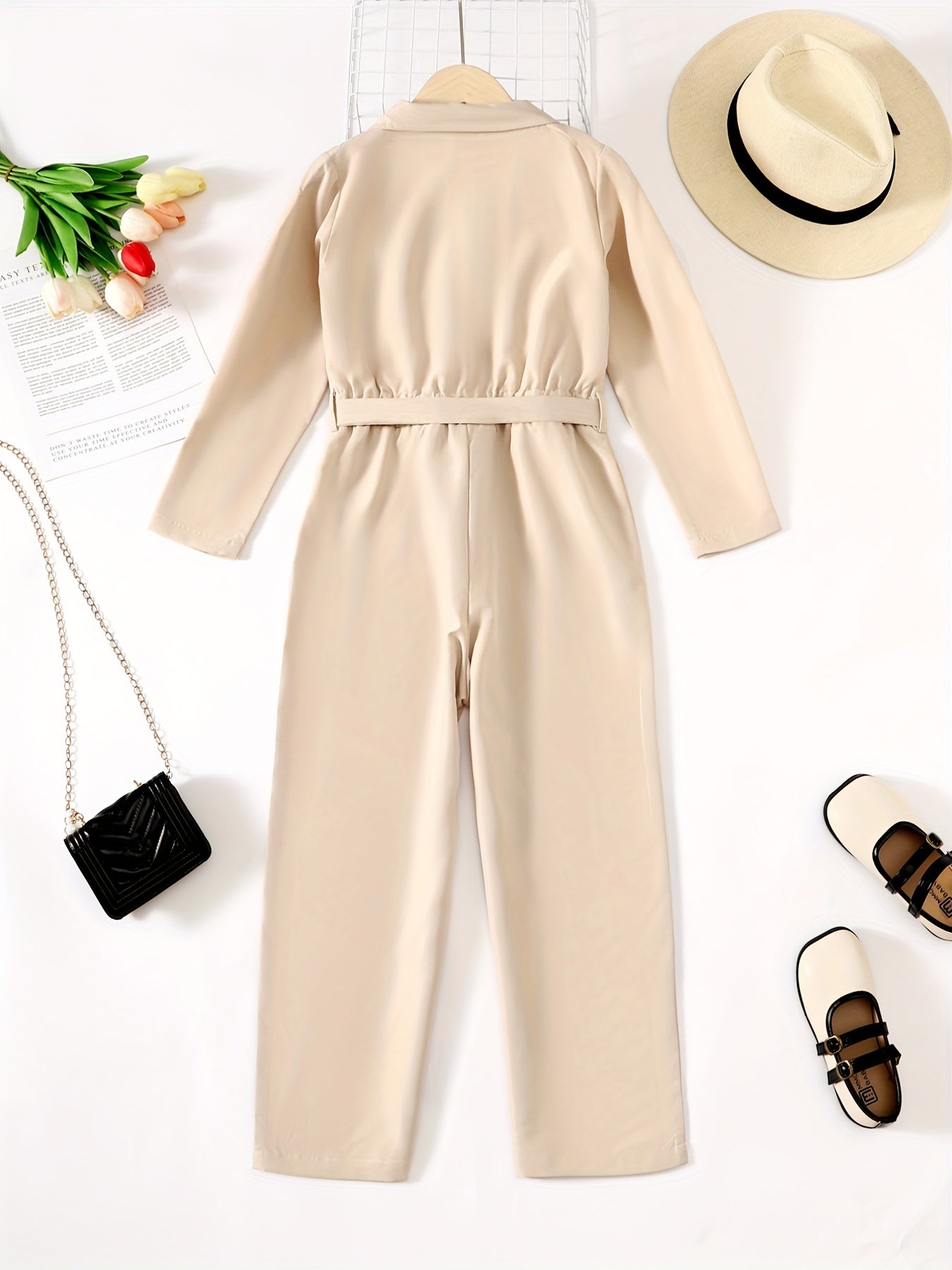 Girls Casual Long Sleeve Cargo Jumpsuit With Belt Set